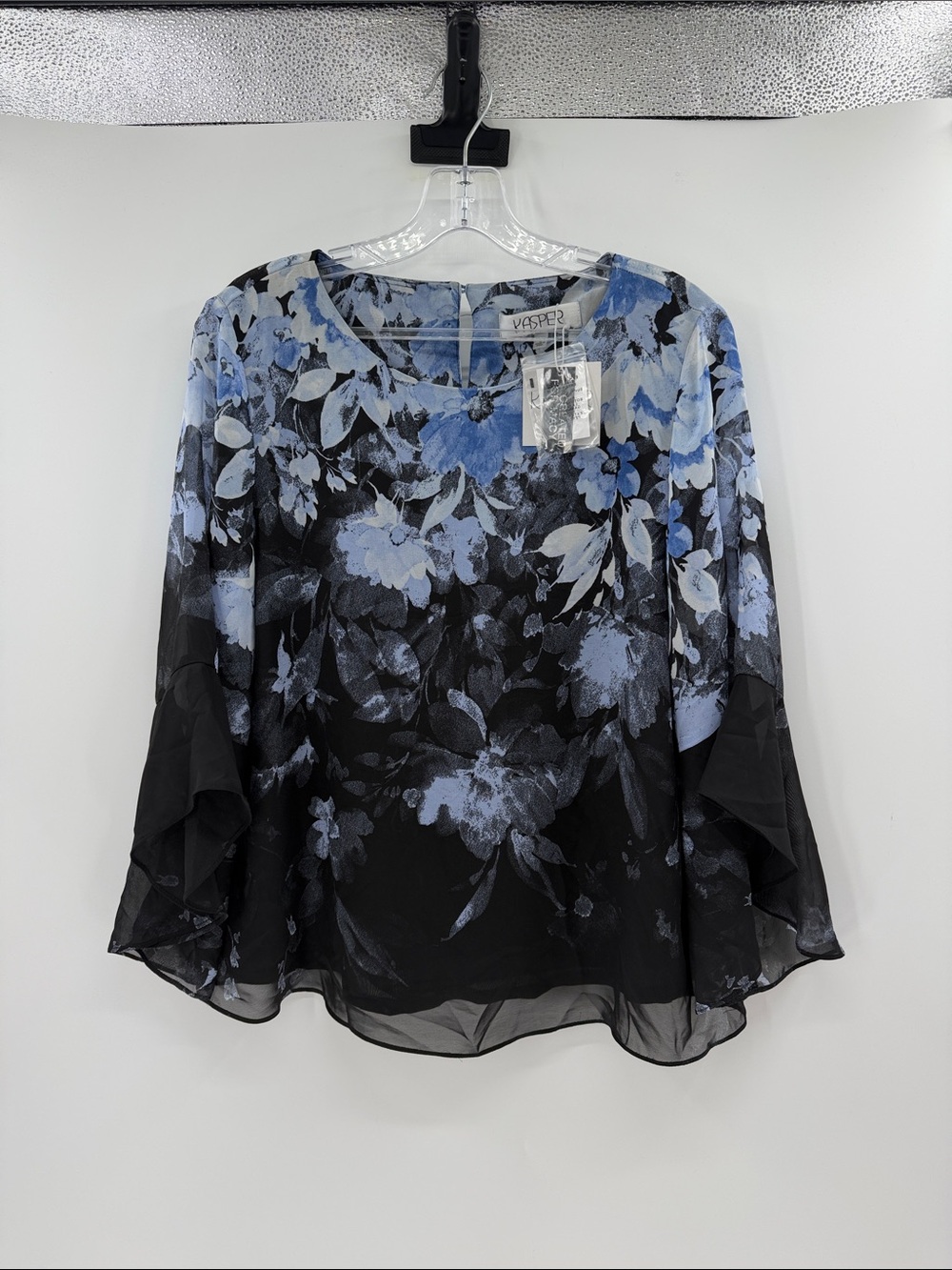 Kasper Women's Bell Sleeve Floral Blouse - Black/Blue - Medium - New with tags
